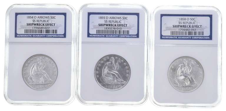 (3) SS Republic Shipwreck Effect Seated Liberty Half Dollars NGC - Box