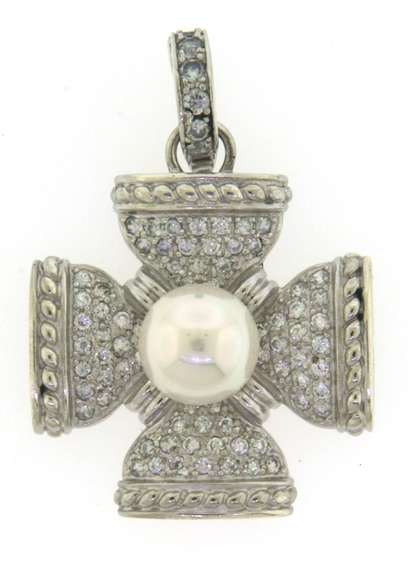 Sterling Silver Simulated Pearl & CZ Pendant