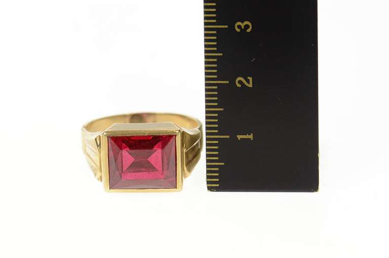10K Yellow Gold 1930's Syn. Ruby Squared Solitaire MEn's Ring
