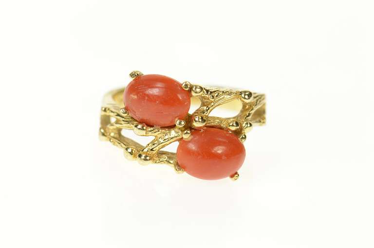 14K Yellow Gold Natural Coral Tree Branch Bamboo Statement Ring