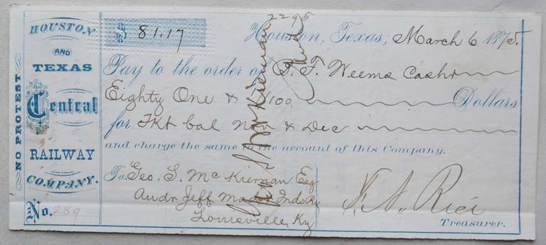 1875 Houston & Texas Railway Company Check
