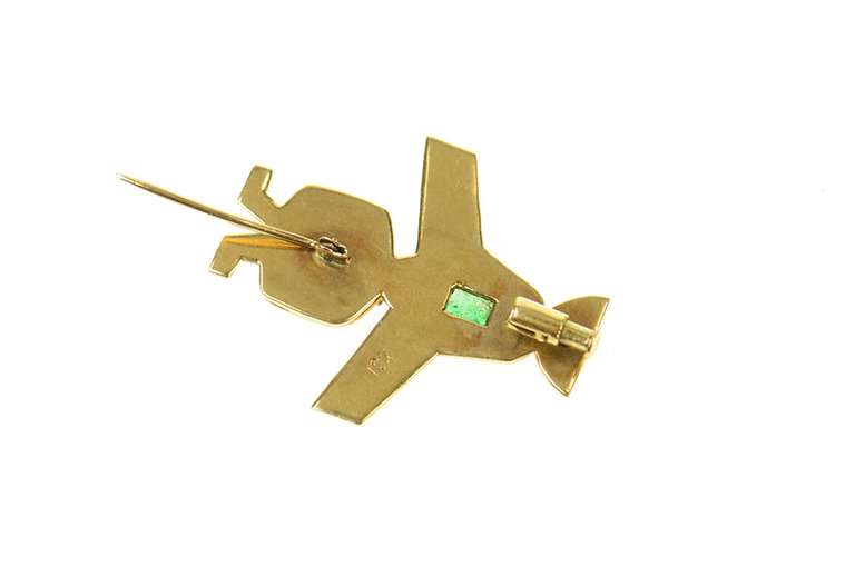 18K Yellow Gold Peruvian Figurine Emerald Inset Statement Pin/Brooch