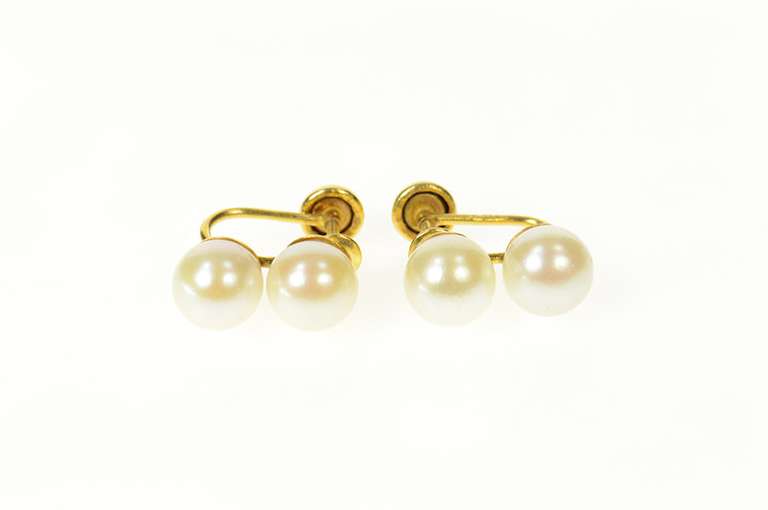 14K Yellow Gold Classic Two Pearl Screw Back Statement Earrings