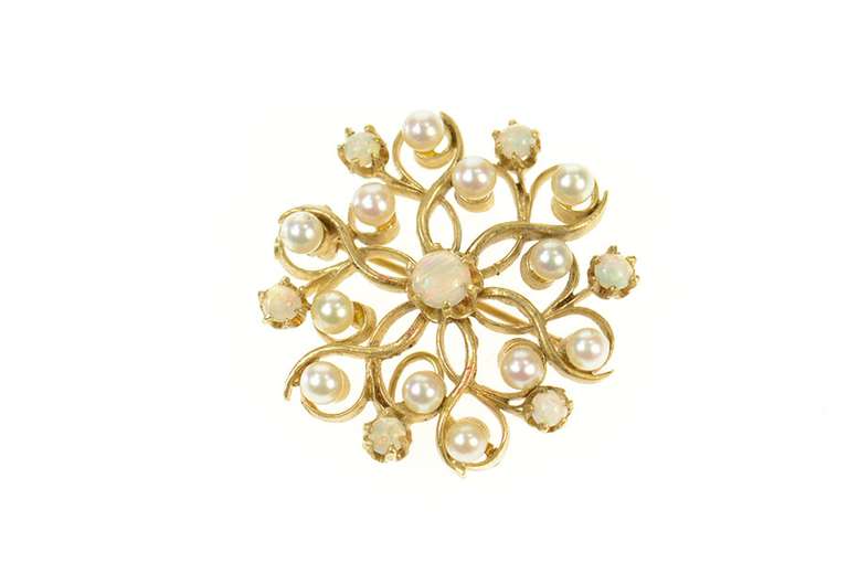 14K Yellow Gold Retro Pearl Natural Opal Round Cluster Pendant/Pin