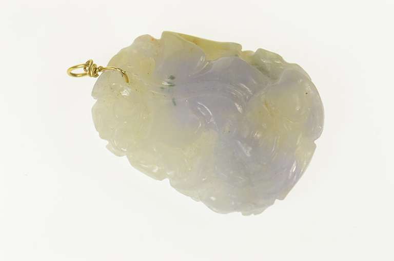 14K Yellow Gold Carved Green & Lavender Jadeite Cat Dragon Pendant