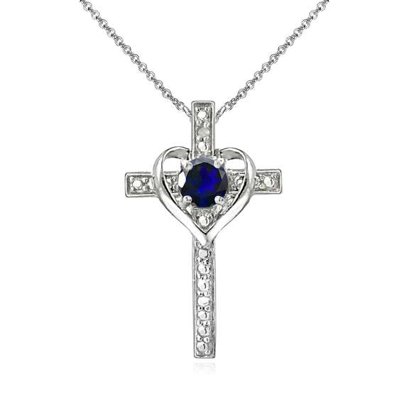 Sterling Silver Created Blue Sapphire Cross Heart Pendant Necklace