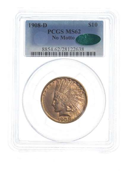 MS62 1908-D $10 Indian Head Gold Eagle - No Motto - CAC - Graded PCGS