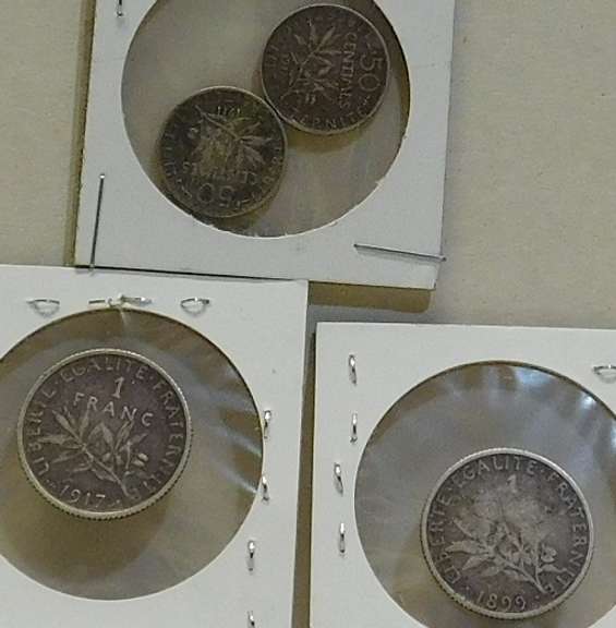France: 4 pc Silver 50 cen & 1 Franc, World War 1 era
