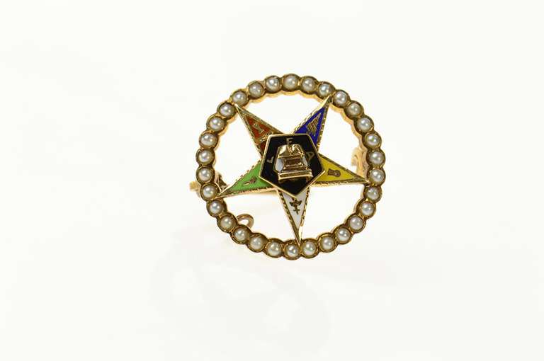 14K Yellow Gold Order of the Eastern Star Enamel Seed Pearl Pin/Brooch