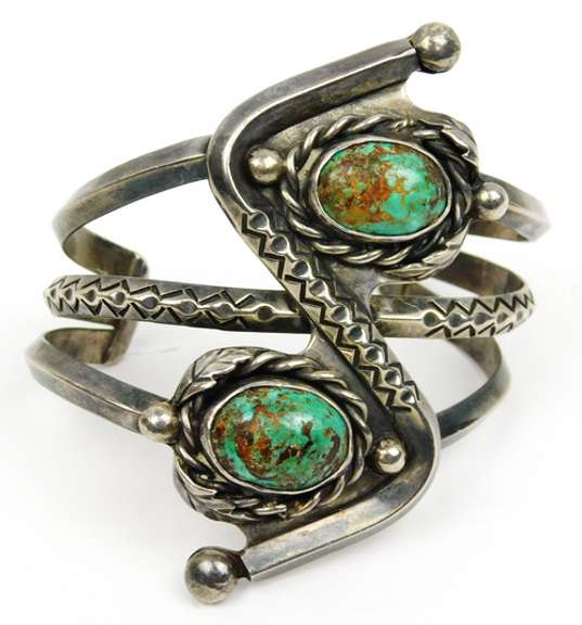 Early Signed PF Navajo Sterling Turquoise Cuff Bracelet