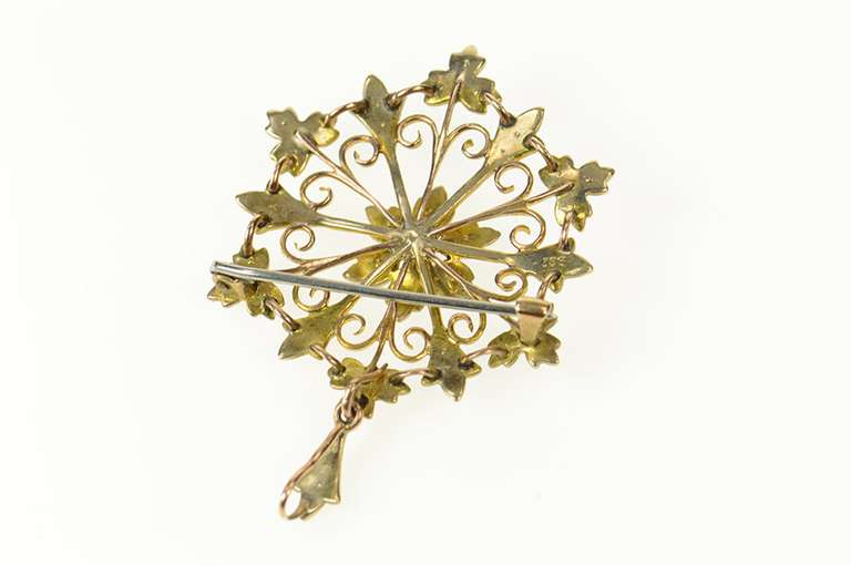9K Yellow Gold Victorian Ornate Seed Pearl Flower Filigree Pendant/Pin