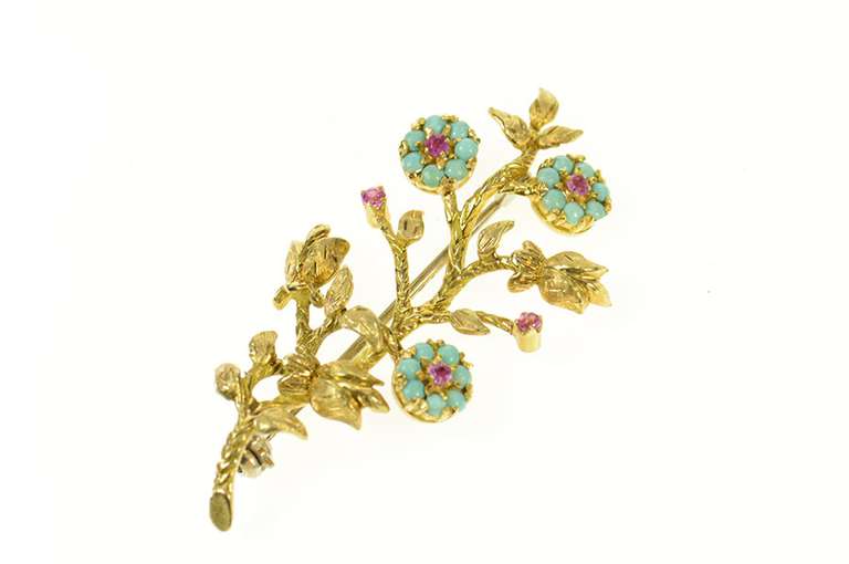 14K Yellow Gold Ornate Turquoise Ruby Flower Statement Pin/Brooch