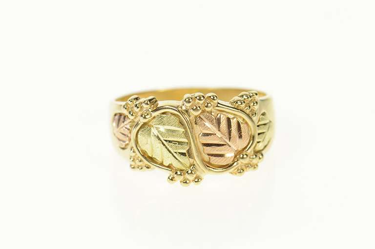 10K Yellow Gold Textured Black Hills Leaf Statement Band Ring