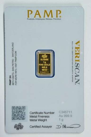 Pure .9999 fine gold 1 gram PAMP bar in custom card