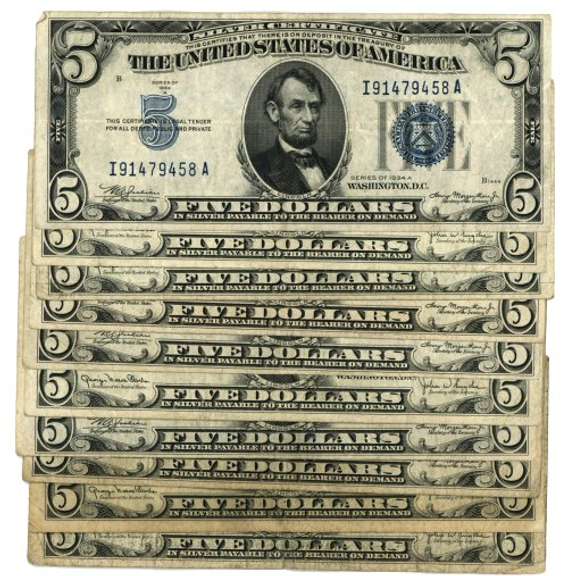 Ten (10) 1934 Series $5 Blue Seal Silver Certificates