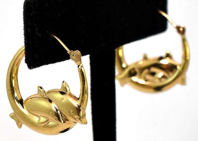 Adorable Dolphin Hoop Earrings in 14KT Yellow Gold