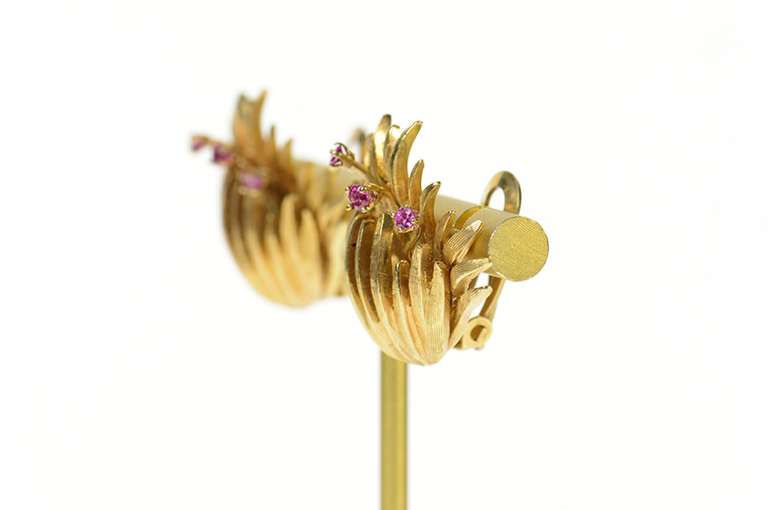 14K Yellow Gold 1960's Ruby Fanned Leaf Cluster Clip Back Earrings