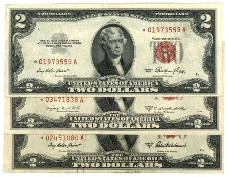 3 Scarce 1953 Series $2 Red Seal STAR notes. Nice