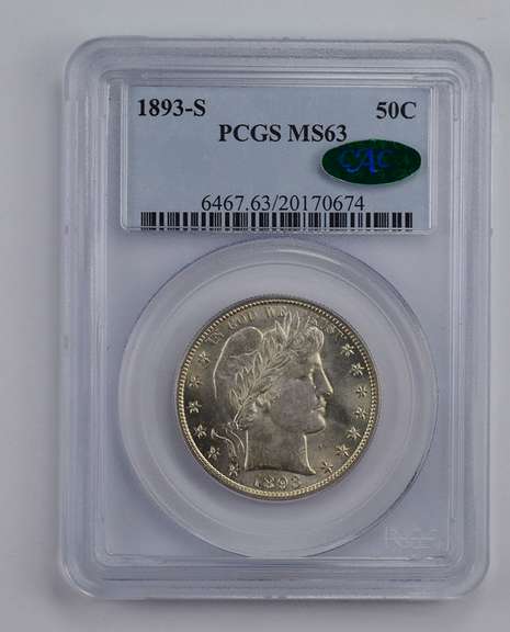 MS63 1893-S CAC Barber Half Dollar - Graded PCGS