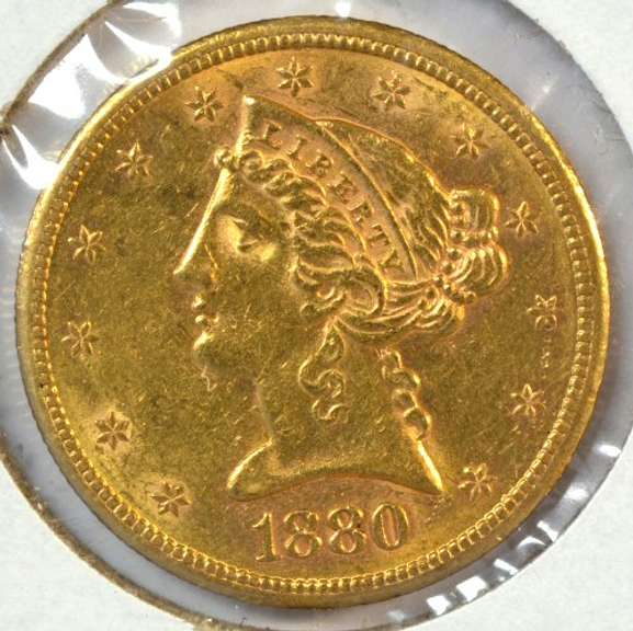 Lustrous BU 1880-S US $5 Liberty Gold Piece