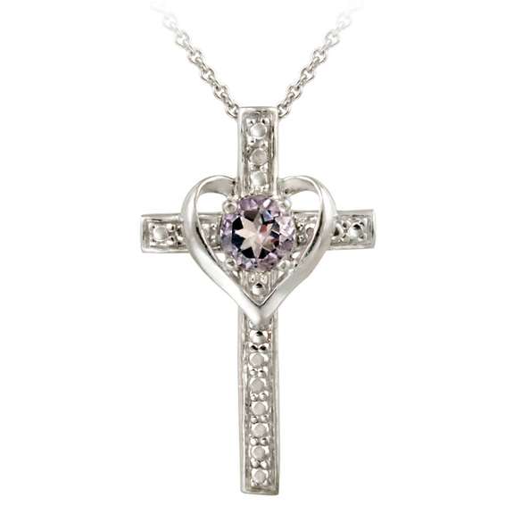 Sterling Silver Amethyst & Diamond Accent Cross Heart Pendant