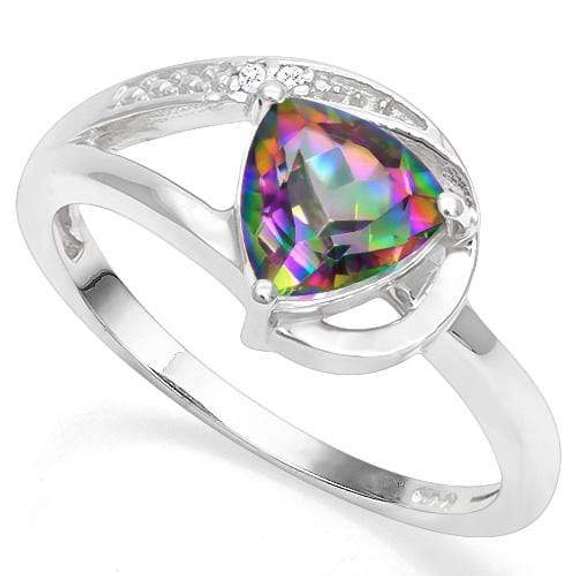 925 STERLING SILVER TRI 7MM MYSTIC GEMSTONE & DIAMOND WOMEN RING