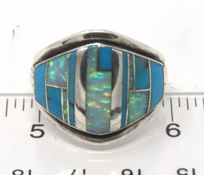 Sterling Silver Signed Opal and Turquoise Ring
