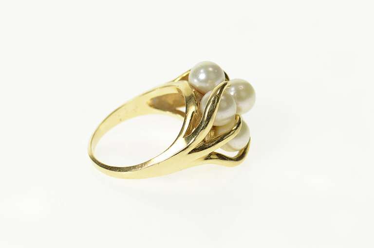 14K Yellow Gold Retro Ornate Pearl Cluster Statement Cocktail Ring