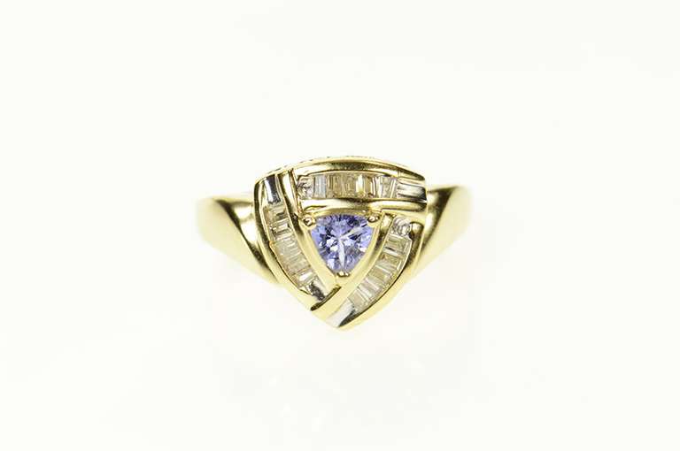 14K Yellow Gold Trillion Tanzanite Diamond Halo Statement Ring