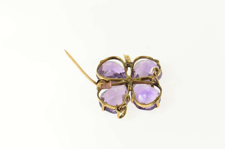 18K Yellow Gold Pear Amethyst Four Leaf Clover Shamrock Pin/Brooch