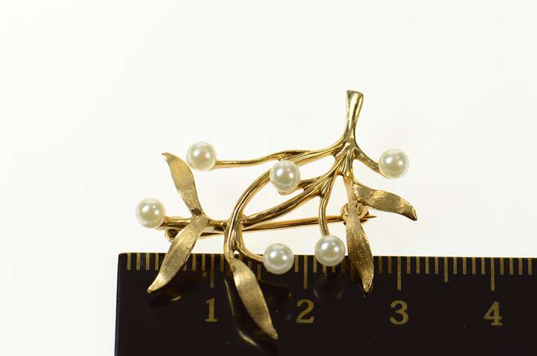 14K Yellow Gold Pearl Tree Vine Leaf Motif Statement Pin/Brooch