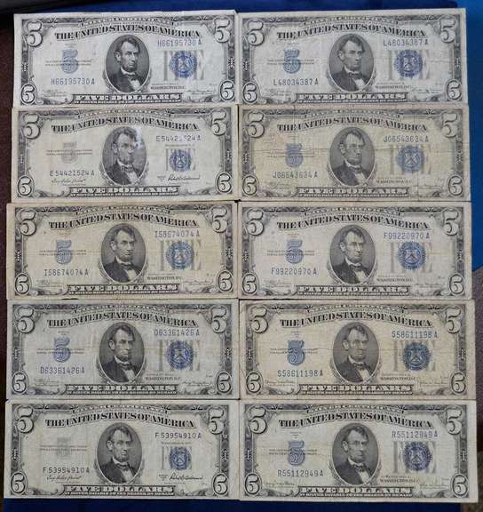 Lot Of Ten Circulated $5 Silver Certificates, Lower Grade.