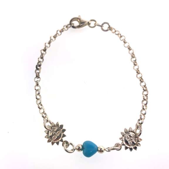 Sterling silver bracelet with light blue hearts and sun charms
