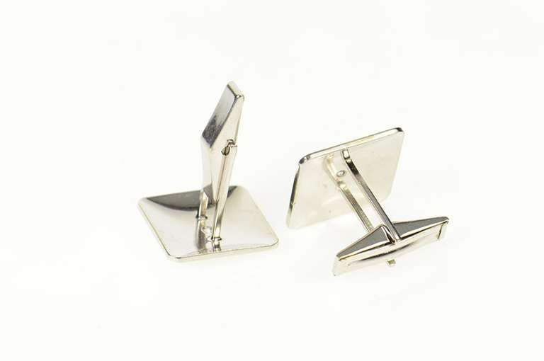 14K White Gold Classic Retro Diamond Satin Finish Squared Cuff Links