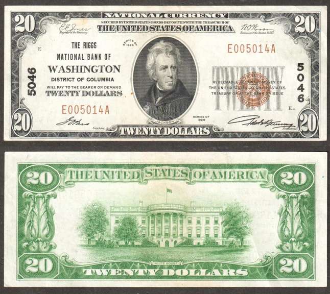 $20 1929-1 NBN=Riggs National Bank of Washington DC=Ch.5046=Extremely Fine
