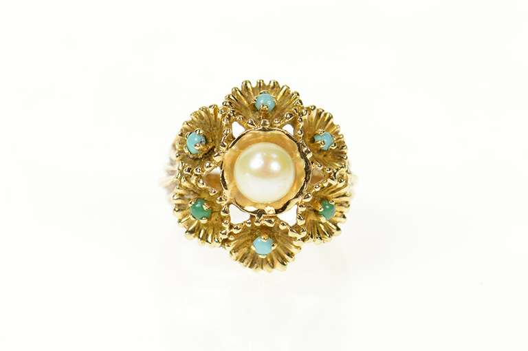 14K Yellow Gold Pearl Turquoise Floral Cocktail Statement Ring
