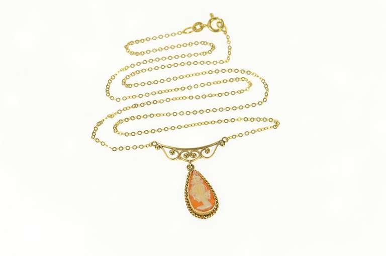 12K Yellow Gold Ornate Pear Carved Lady Cameo Statement Necklace