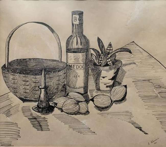 Vintage Still Life Ink Drawing Framed & Signed