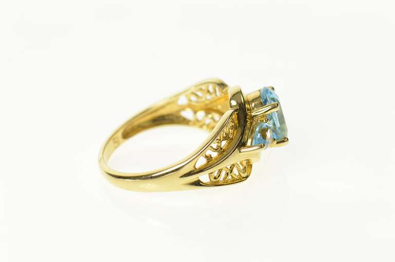 14K Yellow Gold Ornate Three Stone Blue Topaz Statement Ring
