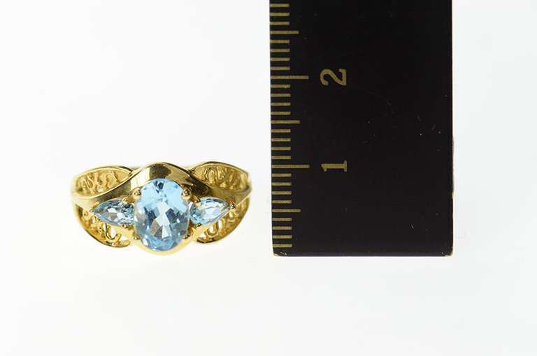14K Yellow Gold Ornate Three Stone Blue Topaz Statement Ring