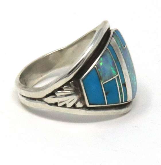 Sterling Silver Signed Opal and Turquoise Ring
