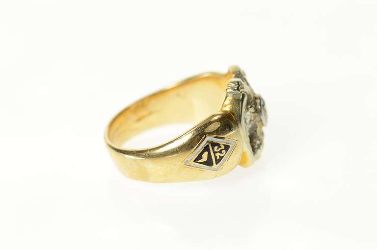 14K Yellow Gold Ornate Masonic Diamond Eagle Enamel Ring