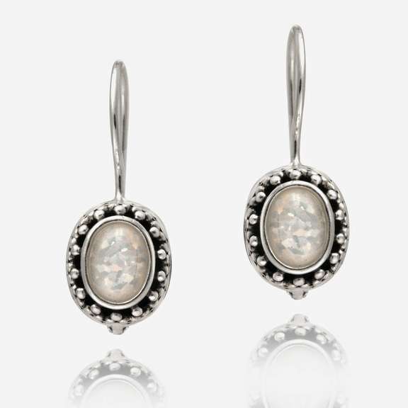 Sterling Silver Created White Opal Bali Bead Oval Leverback Earrings