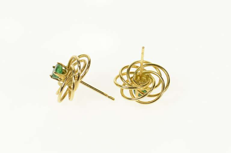 14K Yellow Gold Round Emerald Spiral Twist Stud Earrings