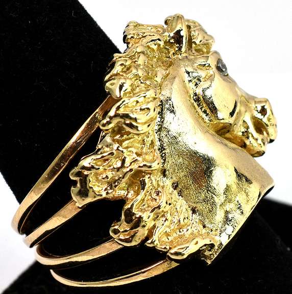 Heavy Horse Ring with Diamond Eye in 14KT Yellow Gold