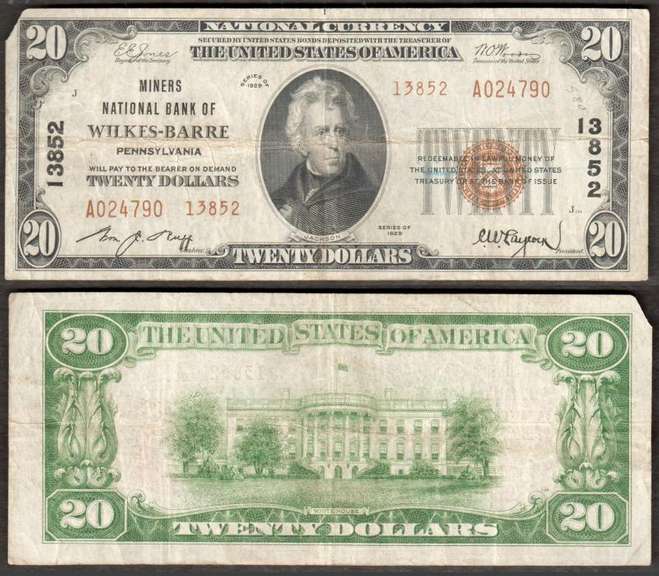 $20 1929-2 TYPE II NBN MINERS NATIONAL BANK OF WILKES-BARRE, PA Ch 13851 VF