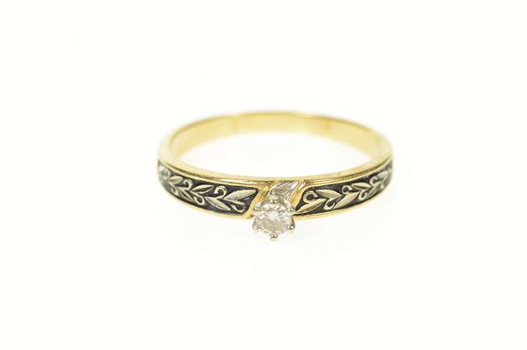 14K Yellow Gold Retro Diamond Solitaire Leaf Pattern Promise Ring