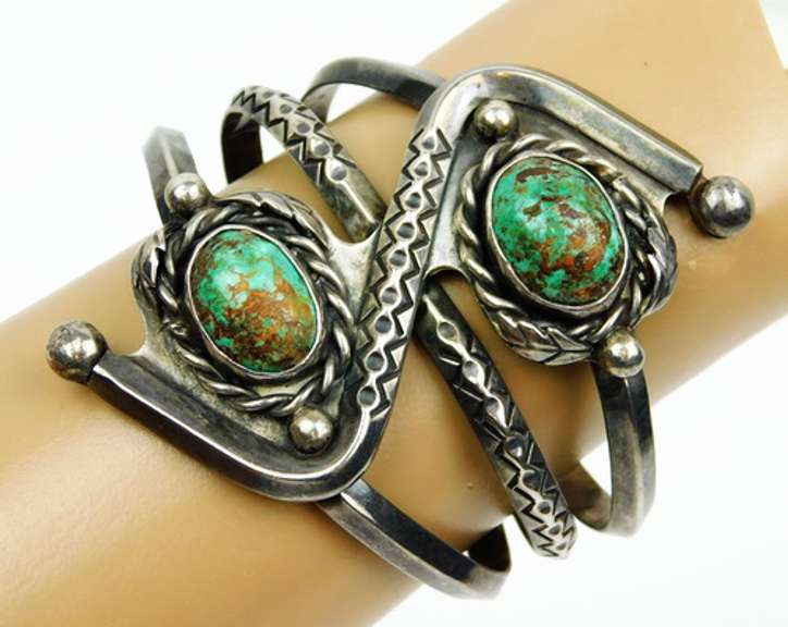 Early Signed PF Navajo Sterling Turquoise Cuff Bracelet