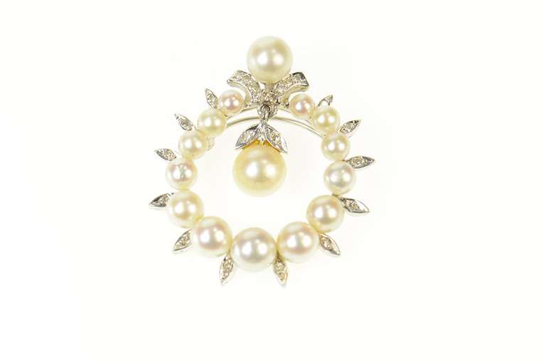 14K White Gold 1950's Pearl Diamond Dangle Round Pendant/Pin