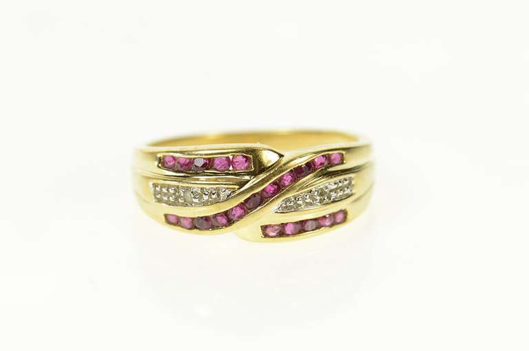 14K Yellow Gold Wavy Ruby Diamond Accent Statement Band Ring